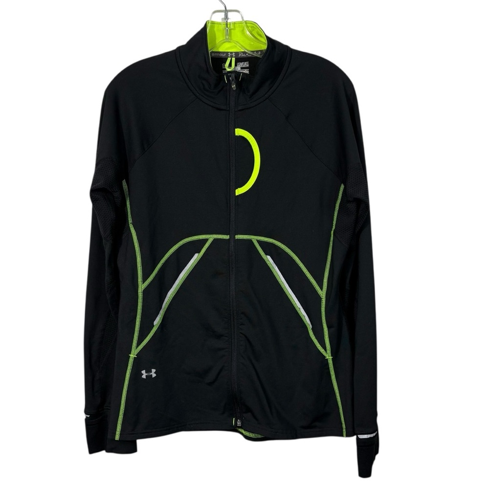 Under Armour Semi-Fitted ColdGear Black Neon Full Zip Athletic Running Jacket M